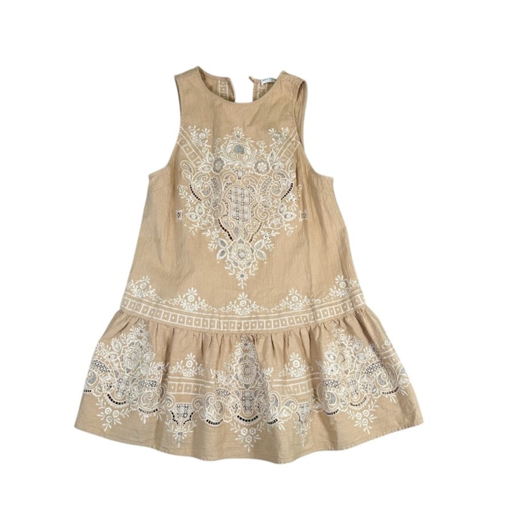 Spell & The Gypsy Collective Tan Embroidered Eyelet Mini Dress Tassel Tie Medium